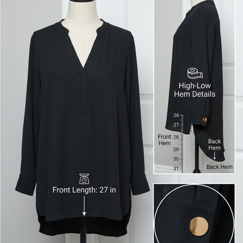 Eloquii Size 20 Black V-Neck Long Sleeve High-Low Women’s Top